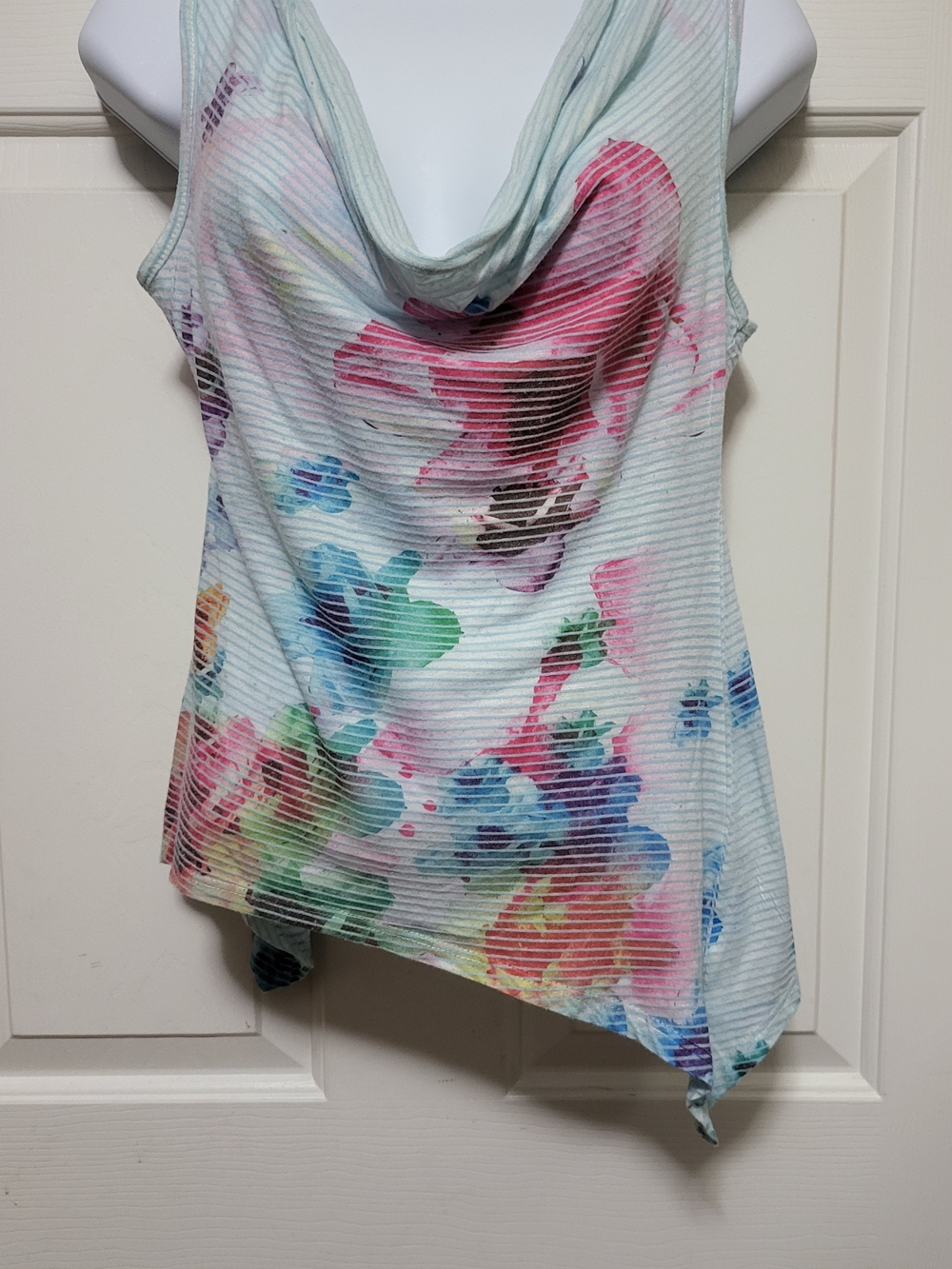 Charlotte Russe Watercolor Floral Cowl Tank Top - White with Pink, Blue, Green